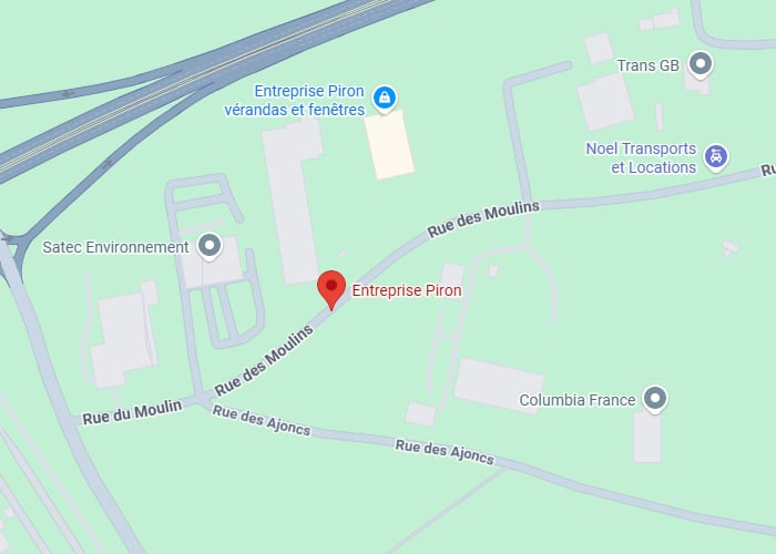 Entreprise Piron : Carte de localisation et accès, Rue des Moulins Carte de localisation Entreprise Piron, Satec Environnement, Noel Transports, Columbia France. Routes : Rue des Moulins et Ajoncs.