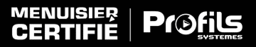 Menuisier Certifié : Votre garantie avec Profils Systèmes. Logo de certification Menuisier Certifié et la marque Profils Systèmes. Le 'o' de Profils contient un symbole de lecture/vidéo.