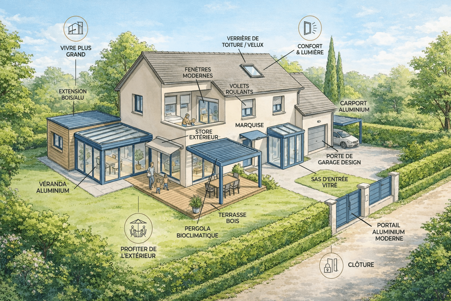 Amélioration de l'habitat : menuiseries et extensions alu Maison moderne illustrant les menuiseries aluminium : véranda, pergola, carport, portail et extensions pour l'habitat.